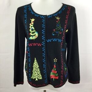 Erma's Closet Black Cotton Knit Christmas Holiday Sweater Cardigan Jacket Size S